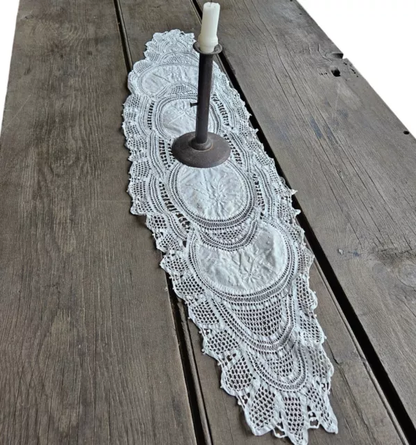 Antique Normandy Lace Doily Table Runner Dresser Scarf White Work Embroidery VTG