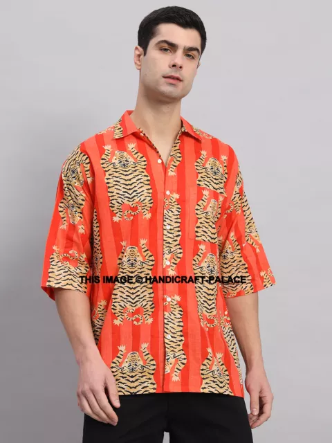 Oversize Camicia Uomo Spiaggia Casual con Bottoni Manica Corta Tigre Per