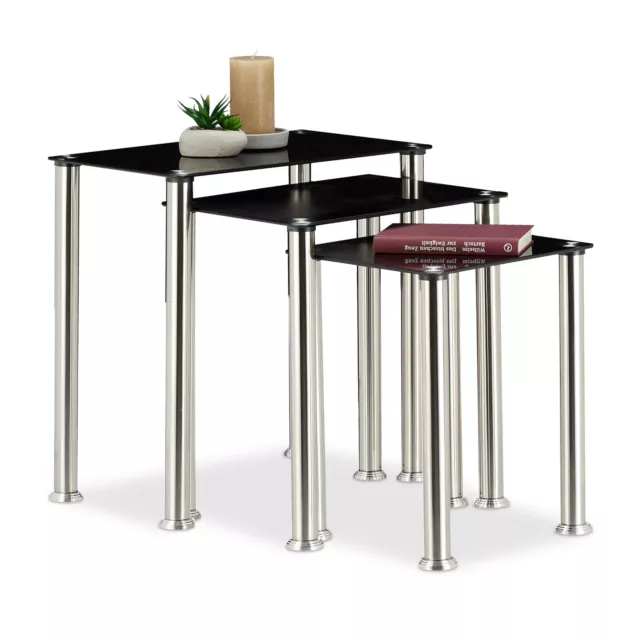 Set de 3 Table Gigogne Verre Noir Table d’appoint de Salon Déco Cadre Métal