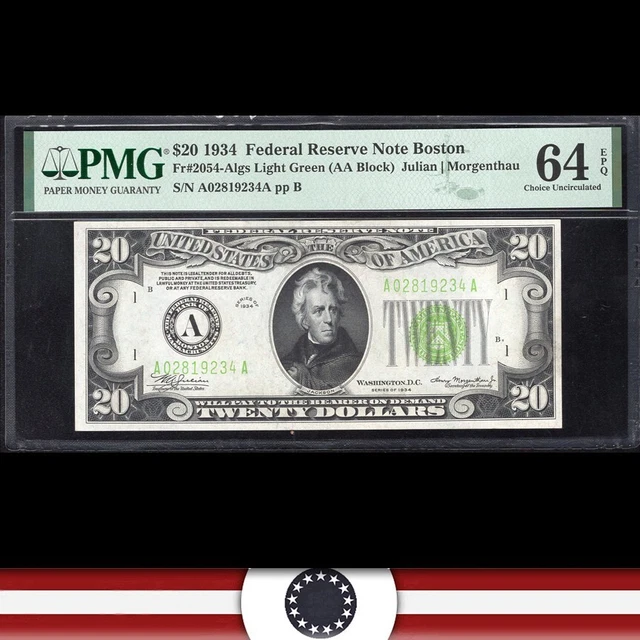 1934 $20 BOSTON FRN *LIGHT GREEN SEAL* PMG 64 EPQ Fr 2054-A lgs A021819234A