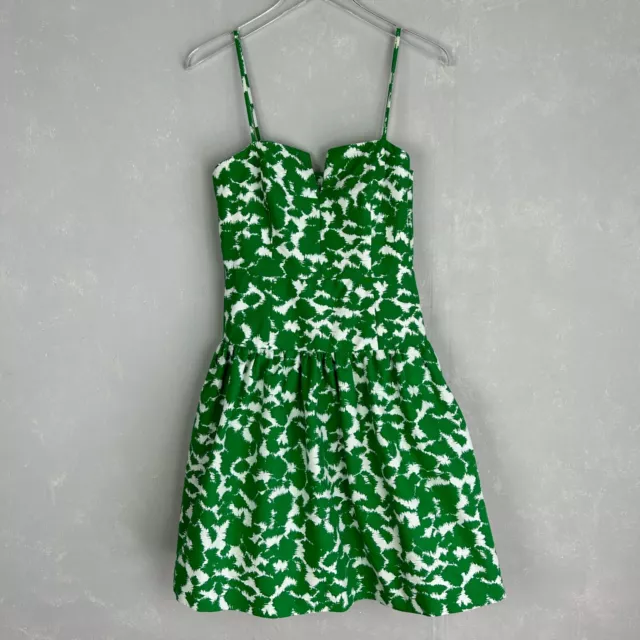 Milly size 6 Sarah fit & flare short dress white green batik print split neck