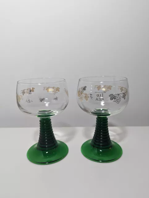 2 Vintage Luminarc French Retro Green Beehive Stem Wine Liqour Glasses