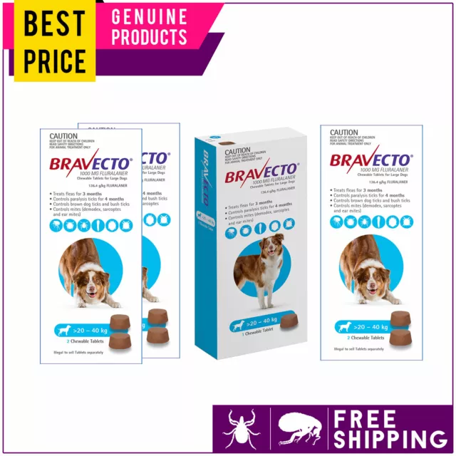 Bravecto Chewable Flea Tick Treatment For Dogs 20 to 40 Kg 1, 2, 4 Doses BLUE