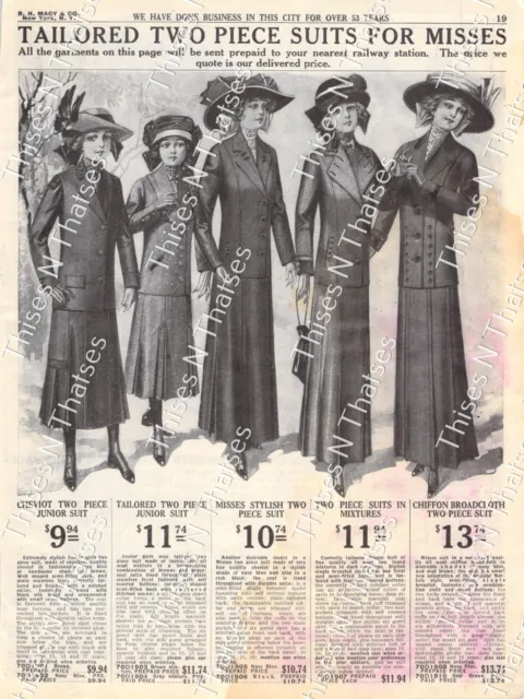 Vtg Paper Ad Macy's Misses Junior Two-Piece Suits Long Coats Edwardian 1911