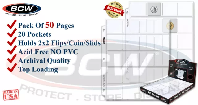 50 BCW Coin Pages 2x2 Pockets For Paper Flips Fit 3 Rings Binders PVC FREE New