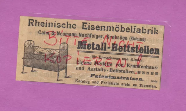 KREBSÖGE, Werbung 1905, Rheinische Eisen-Möbel-Fabrik Cahn & Neumann Nachf.