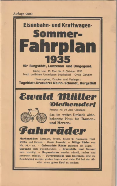 Sommer Fahrplan 1935 Burgstädt Lunzenau Eisenbahn und Kraftwagen ( Bus )