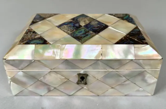 Antique English Mother Of Pearl Abalone Shell Jewelry Trinket Desk Box 19th C #2