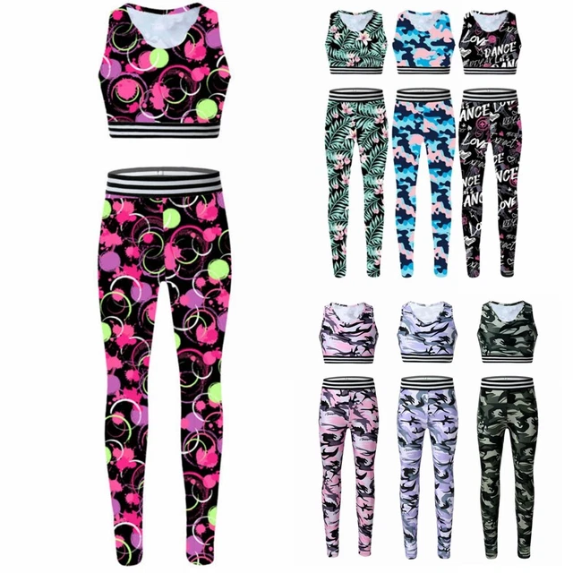 Girls Sports Outfits Yoga Gym Ballet Tank Tops Legging Dance Workout Costumes