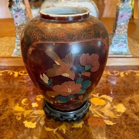 Antique Japanese Totai Shippo Tree Bark Cloisonné Porcelain Vase Meiji Period