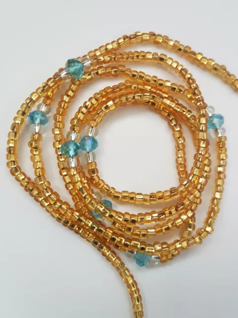 African Gold & Blue Single Waist Beads, 30"inches long New, FREE UK P&P