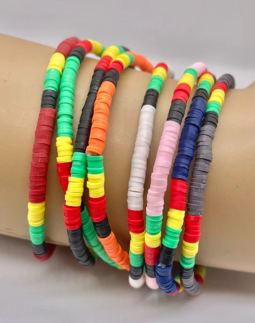 multiple colour elastic clay beads bracelets rasta black blue green grey white
