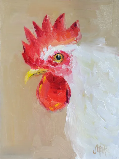 Rooster Oil Painting Bird Original Wall Art Chiken Artwork Cock Kitchen Art