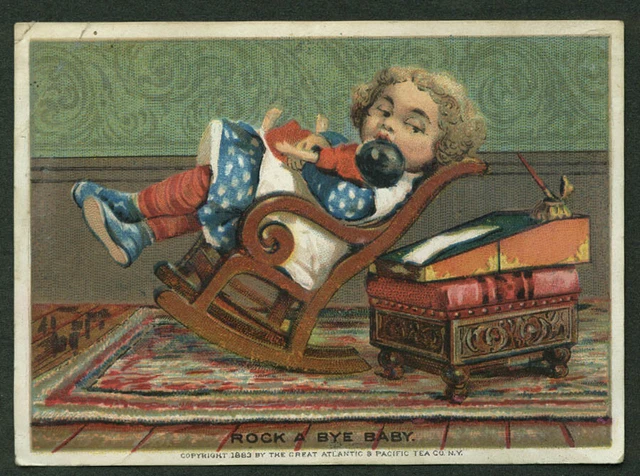 Great Atlantic & Pacific Tea trade card child & doll in rocking chair 1883