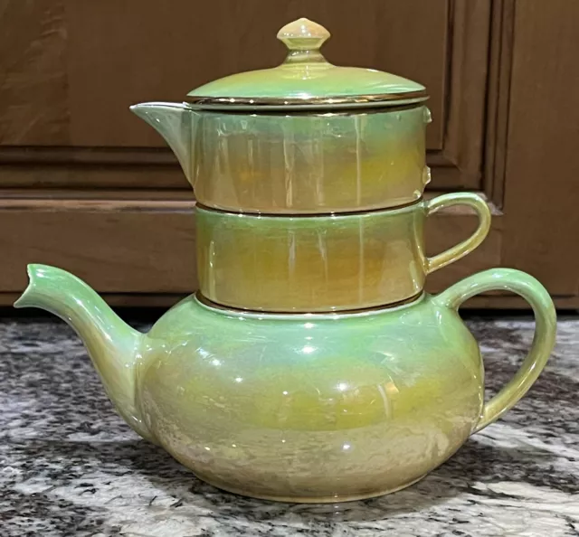 Royal Winton Grimwades Lusterware Green Yellow Stacking Teapot BROKEN CREAMER