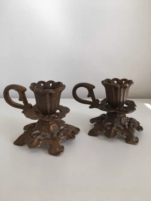 Pair Vintage Heavy Candlestick Chamberstick Holder  Ornate Wrought Iron Brass