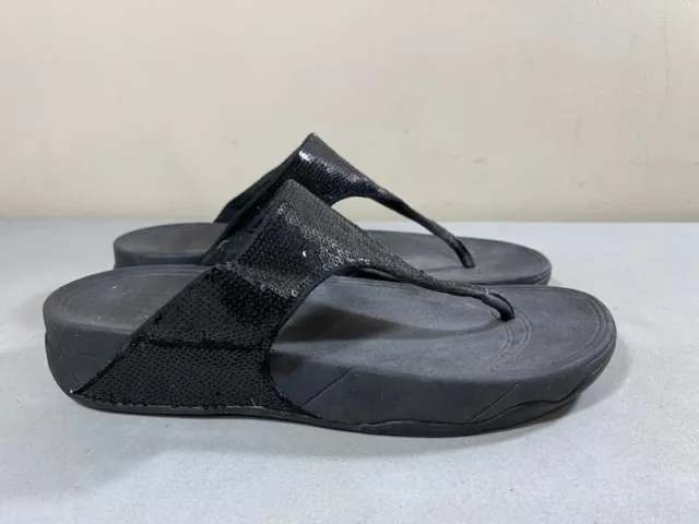 Fitflop Women's A18-001 Black Thong Sandals With Sequins Size 10