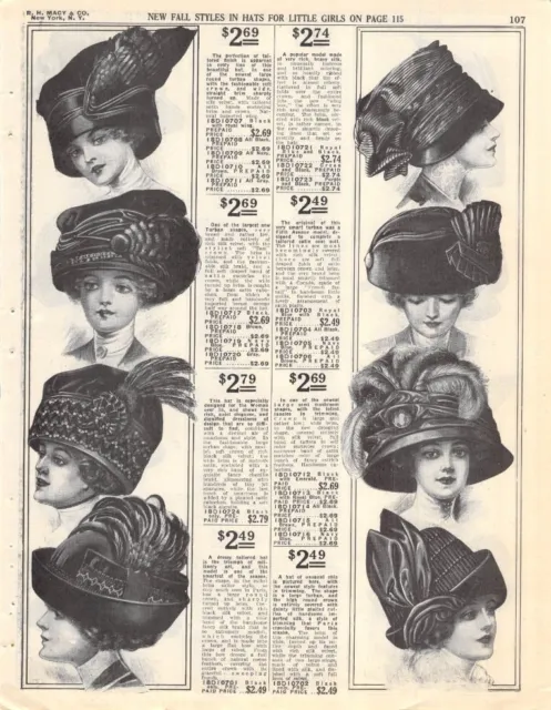 Vintage Paper Ad Macy's Ladies' Edwardian Hats 1910s Millinery Fashion 1911