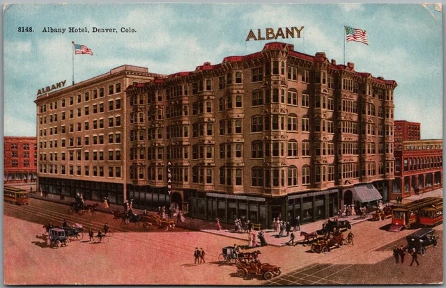 Vintage DENVER, Colorado Postcard ALBANY HOTEL Street Scene c1910s UNUSED