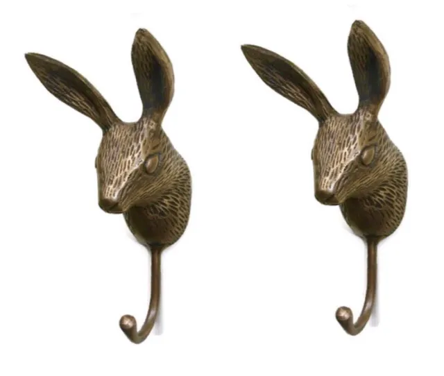 2 small rabbit COAT HOOK solid aged pure brass antiques old style 12 cm hook B