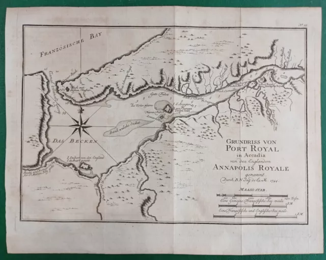 Rare 1744 Copper Engraving Map of Port Royal Annapolis Canada by Bellin