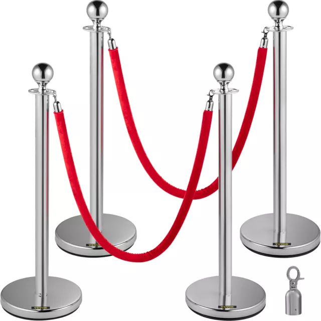 4PCS Stanchion Posts Queue Barrier Crowd Control Silver with Red Velvet Ropes
