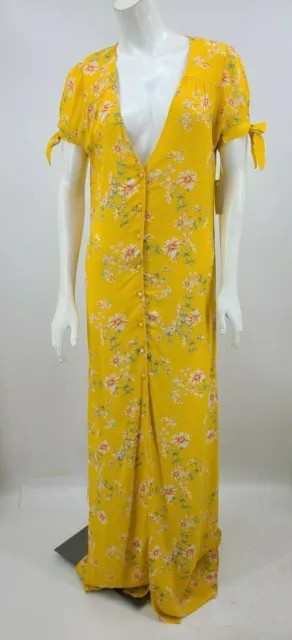 New Flynn Skye Ale Touch of Honey Maxi Dress Womens L Yellow Floral Front Slit