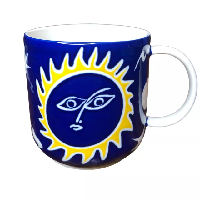 Anthropologie Marcello Velho Blue Sun Mug Folk Art Celestial 20 Oz Coffee Tea