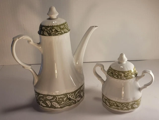 J&G Meakin Sterling Colonial English Ironstone Green Vine Coffee Pot, Sugar Bowl