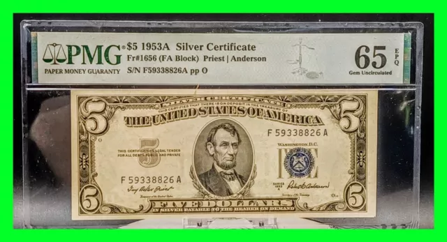 1953-A $5 Silver Certificate Note PMG GEM Uncirculated 65 EPQ FR. 1656