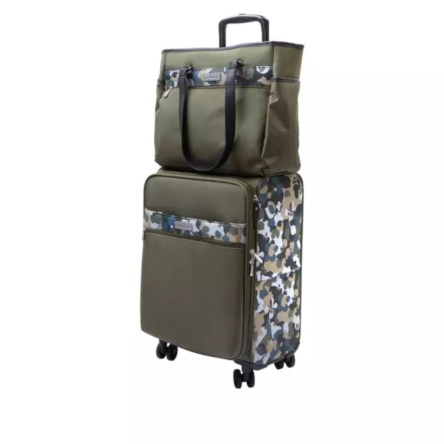Samantha Brown 22" Spinner with Satchel 2-piece Set Olive Geo Camo NWT