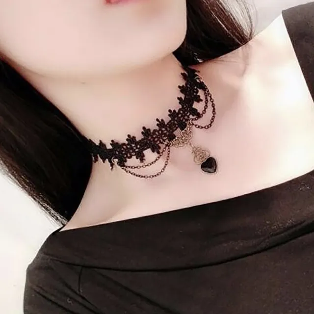 Gothic Black Gemstone Waterdrop Pearl Lace Choker Necklace