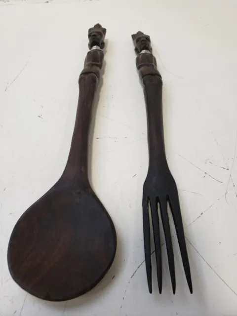 Hand Carved Wooden African Style Salad Fork & Spoon Set