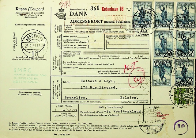 DENMARK 1959 10o+ 7x60o ON PARCEL CARD FROM COPENHAGEN TO BRUSSELS BELGIUM