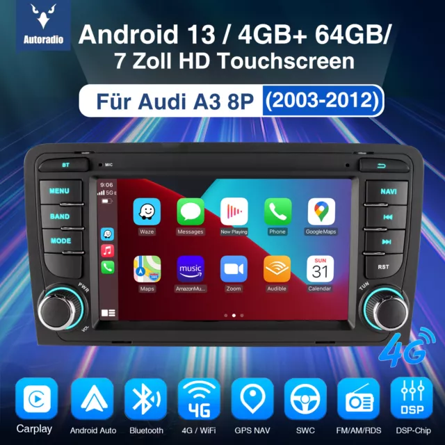 DAB+ Für Audi A3 S3 RS3 8P Android 13 4+64G Autoradio Carplay GPS NAV RDS AM Kam 3