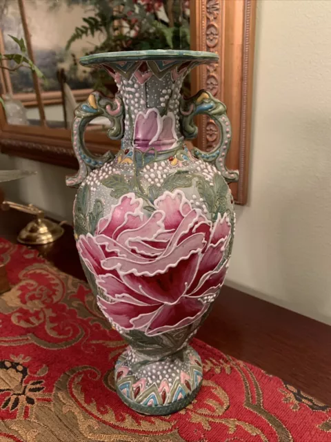 Antique Japanese Satsuma Clay Vase Moriage Raised Image w/Handles - 12 1/2" Tall