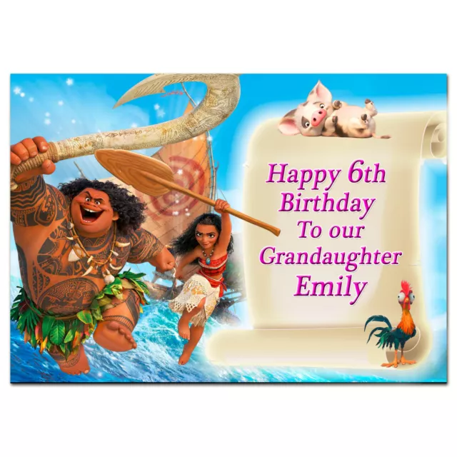 g389; Large A5 Personalised Birthday card; Moana; for any name age; pink or blue