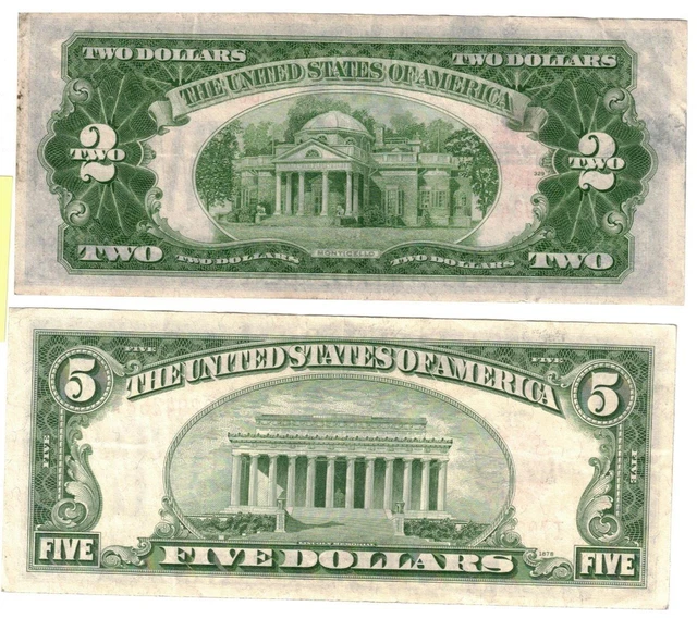 $2 1928-D Two Dollar Bill & $5 1928-F Five Dollar Bill Red Seal Notes CRISP 2