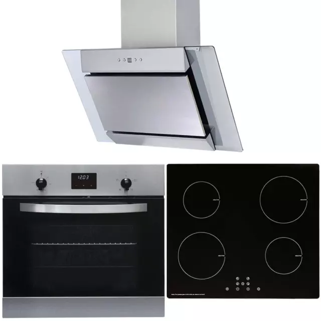 SIA 60cm Stainless Steel Oven, 4 Zone Induction Hob & Angled Glass Extractor Fan