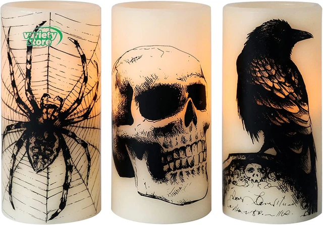 Halloween Flickering Candles with Skull, Spider Web, Crow Raven Decals Set of 3,