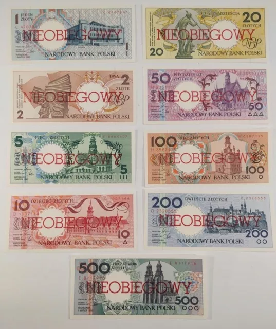 POLAND 9 Banknotes 1990 "Cities of Poland" overprint NIEOBIEGOWY  (1zl - 500zl)
