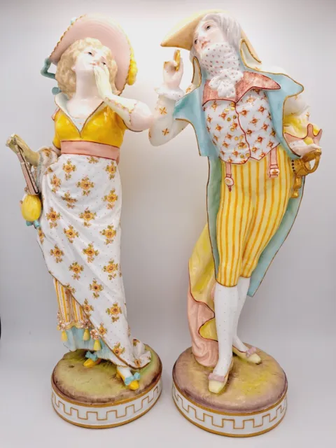 Large Antique 13.5" Vion & Baury Colorful French Dandy Couple Statues