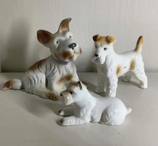 Rare Set Of 3 Vintage LARGE Scottie Dogs Figurines Brown & White