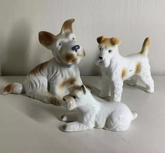 Rare Set Of 3 Vintage LARGE Scottie Dogs Figurines Brown & White