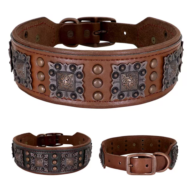 Genuine Leather Studded Dog Collar Heavy Duty for Medium Large Dogs Adjustable