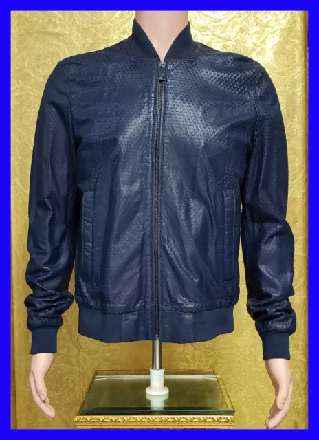 Versace Collection Perforated Lamb Leather Dark Blue Bomber Jacket 52 - 42 (Xl)