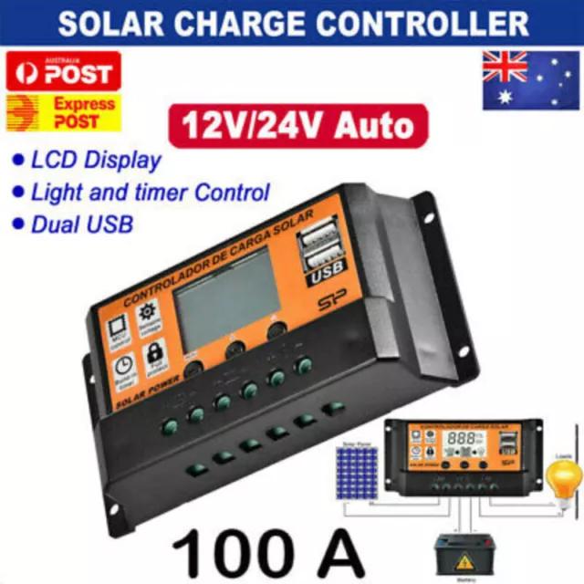 10~100A pwm Solar Power Panel Regulator Charge LCD Controller 12/24V Dual USB AU