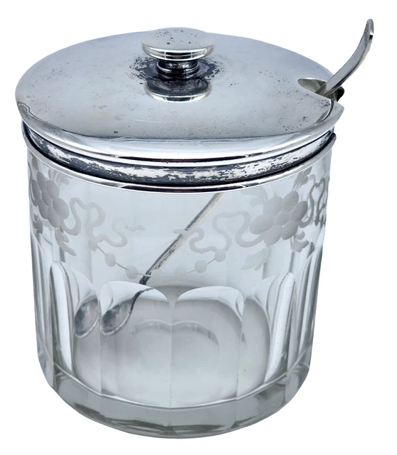 Vintage HAWKES Sterling Silver / Glass Covered Jar with Spoon