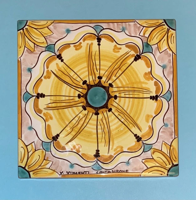 Piana Bicottura Tradizionale Ceramic Tile Yellow Flower Signed HandPainted Italy