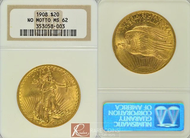 1908 No Motto $20 Saint Gaudens NGC MS 62